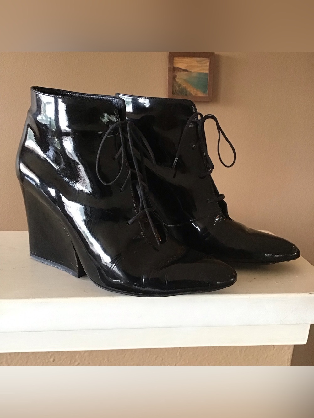 Robert Clergerie Black Patent Leather Ankle Lace Up Booties Size 8
